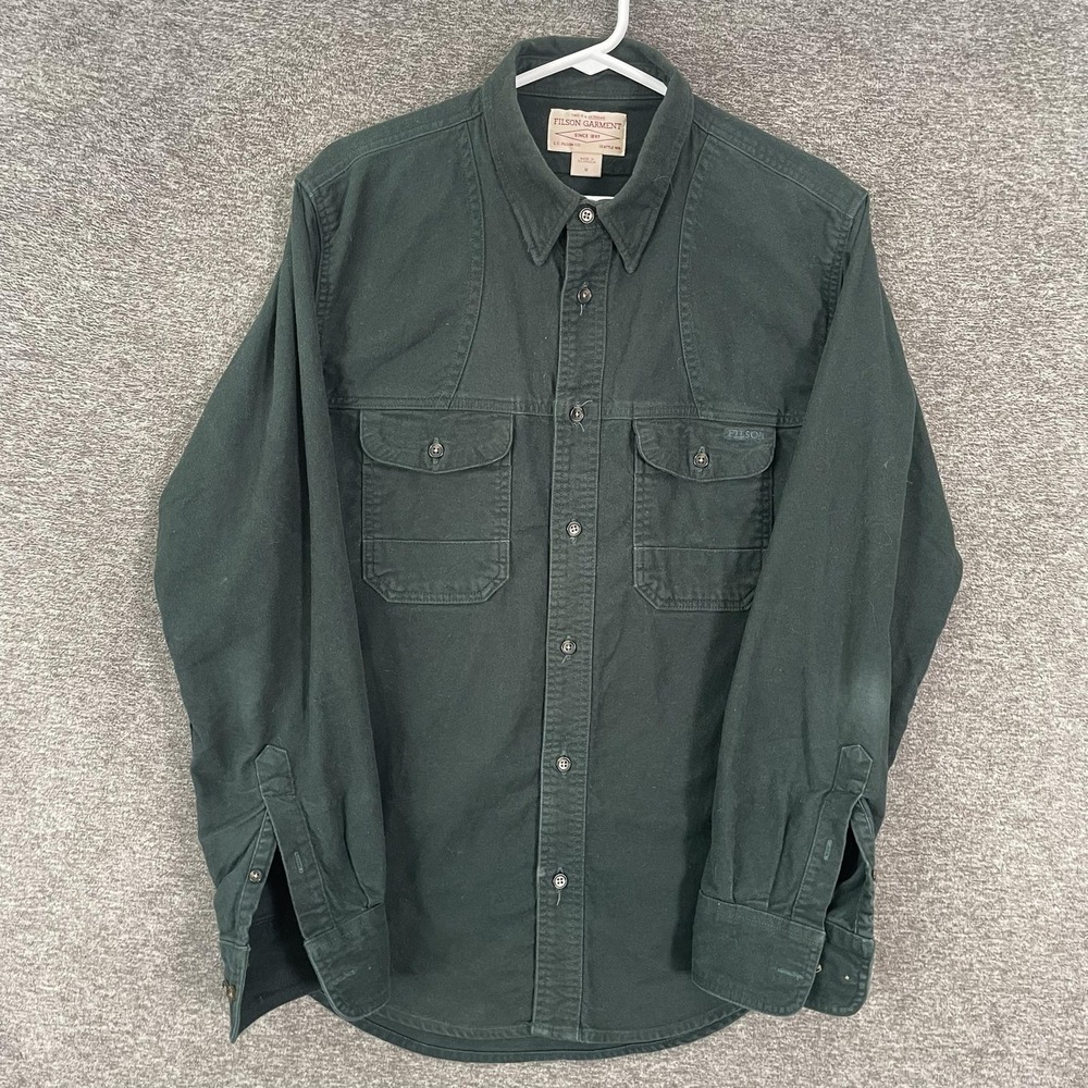 Filson Shirt Mens Medium Green Solid Cotton Twill Long Sleeve Button Up Workwear